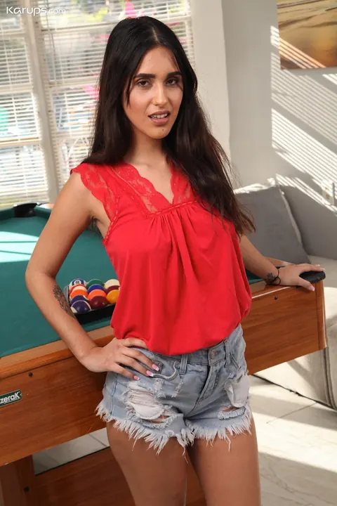 Penelope White: Brunette Latina Strips Out of Her Shorts on a Pool Table – photo 1 of 18