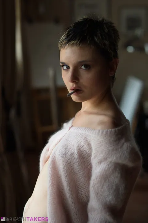 Caterina Foxy: Skinny Short-Haired Brunette Smokes Topless in Panties – photo 6 of 12