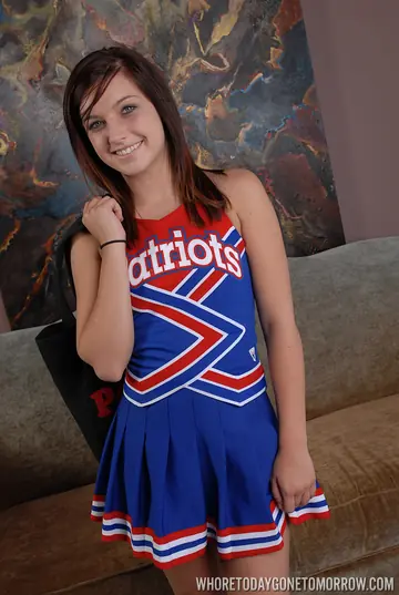 Petite Brunette in Socks and Uniform Toys Her Shaved Pussy