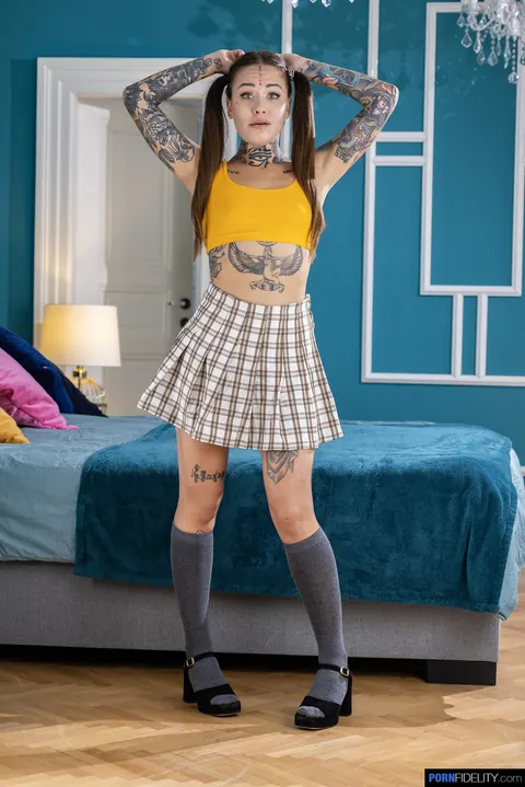 Mari Galore: Pigtailed Tattooed Brunette in Socks and Heels Joins a Threesome – photo 3 of 21