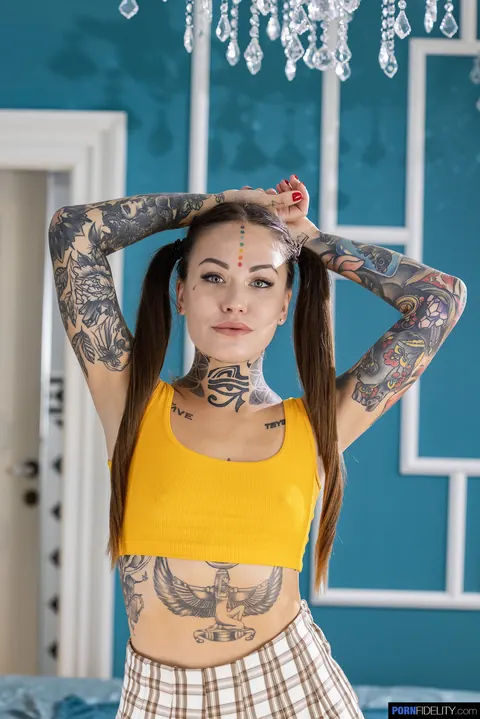 Mari Galore: Pigtailed Tattooed Brunette in Socks and Heels Joins a Threesome – photo 2 of 21