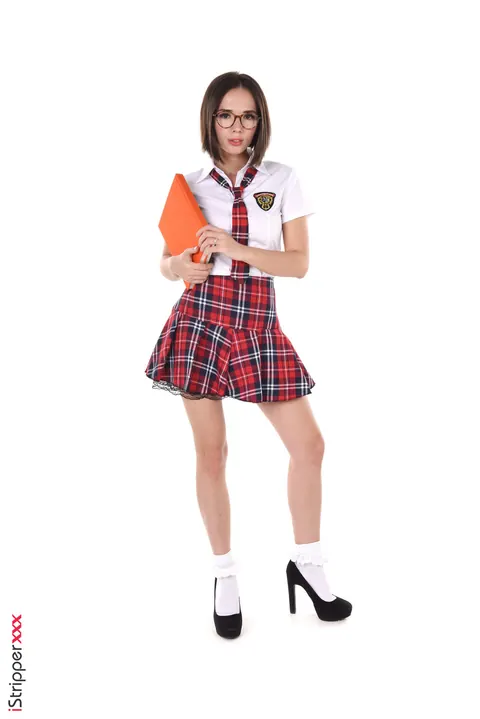 Eve Sweet: Busty Brunette in Uniform Skirt and Heels Plays with a Butt Plug – photo 2 of 15