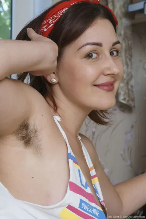 Ella Nori: Busty Brunette in Shorts Shows Hairy Pits and Fingers Her Bush – photo 3 of 16
