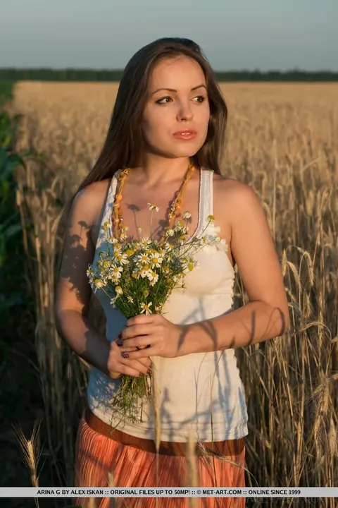 Arina G Gretta: Brunette with Small Natural Tits Spreads Her Hairy Pussy in a Hay Field – photo 6 of 18