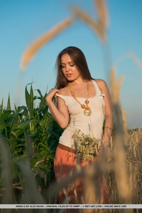 Arina G Gretta: Brunette with Small Natural Tits Spreads Her Hairy Pussy in a Hay Field – photo 3 of 18