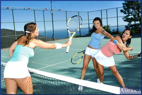 Angelina Valentine: Three Busty Latina Brunettes Fuck a Guy After Tennis Outdoors – photo 9 of 21