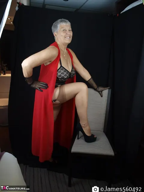 Silver-Haired Thick Woman Models Lingerie with Stockings and Heels – photo 3 of 16