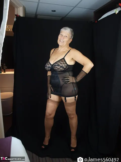 Silver-Haired Thick Woman Models Lingerie with Stockings and Heels – photo 8 of 16