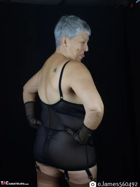 Silver-Haired Thick Woman Models Lingerie with Stockings and Heels – photo 10 of 16