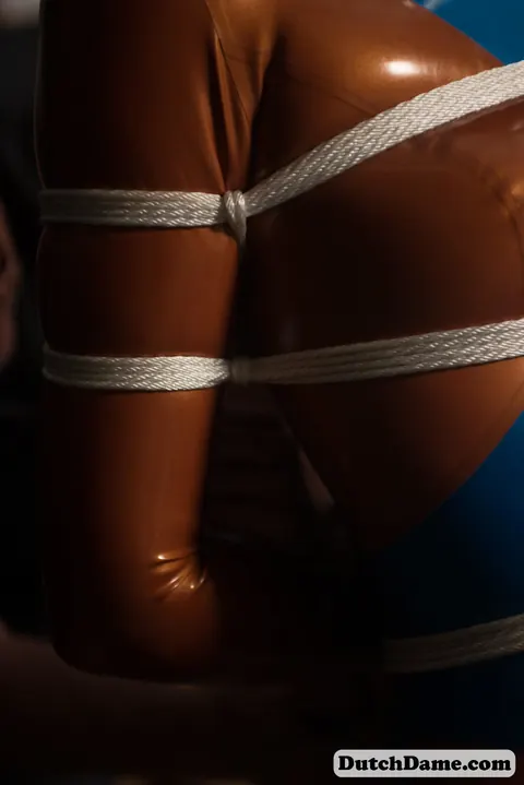 Woman Bound in Intricate Rope While Wearing a Latex Suit – photo 9 of 16