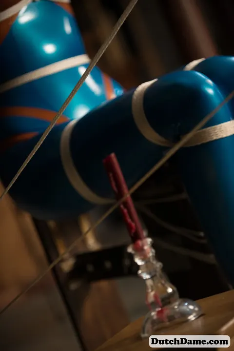 Woman Bound in Intricate Rope While Wearing a Latex Suit – photo 14 of 16