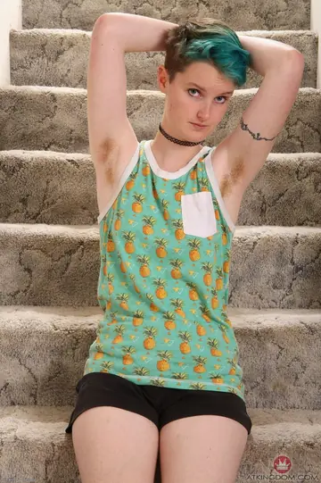 Slim Amateur with Short Hair Spreads Her Hairy Pussy on the Stairs