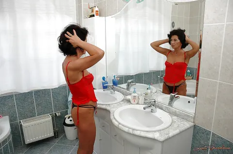 Thick Brunette Granny Strips Off Her Lingerie and Showers in the Bathroom – photo 2 of 16