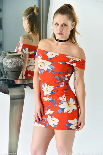Petite MILF in a Red Dress Lifts Her Skirt and Shows Her Shaved Pussy