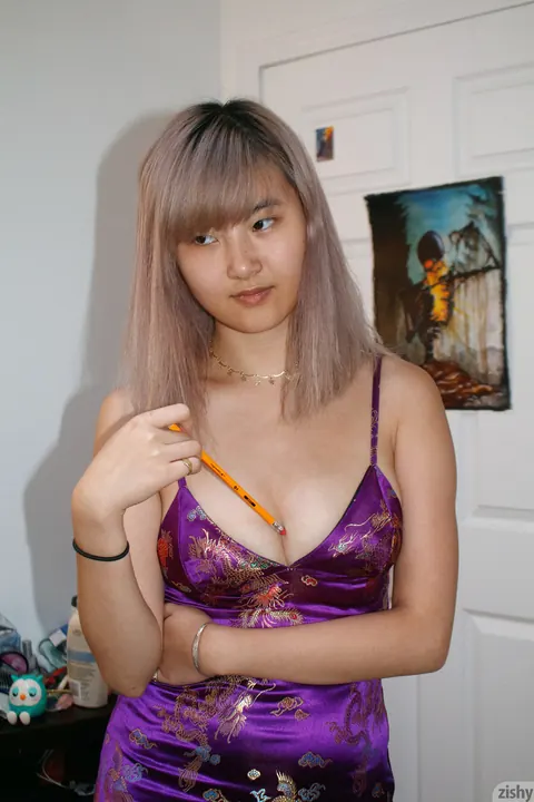 Barbie Qu: Petite Asian Brunette Flaunts Her Big Natural Tits in the Bedroom – photo 8 of 12