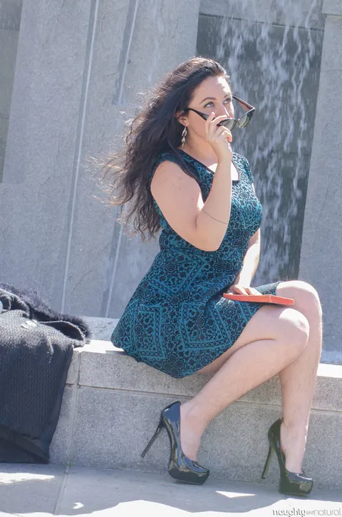 Nikki Silver: Busty Brunette in Glasses Poses in a Dress and Heels Outdoors – photo 4 of 20