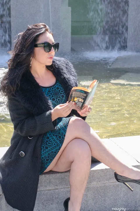 Nikki Silver: Busty Brunette in Glasses Poses in a Dress and Heels Outdoors – photo 1 of 20