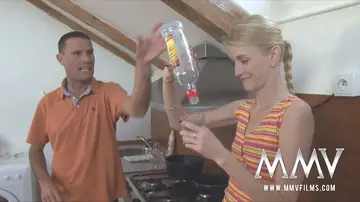 Skinny European Blonde Takes a Mouthful of Cum in the Kitchen