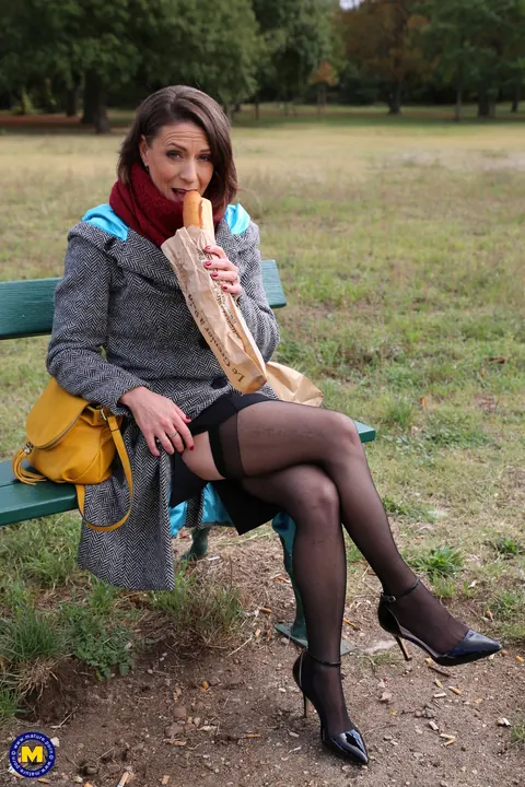 Mature French Woman Flashes Her Stockinged Legs Outdoors – photo 7 of 20