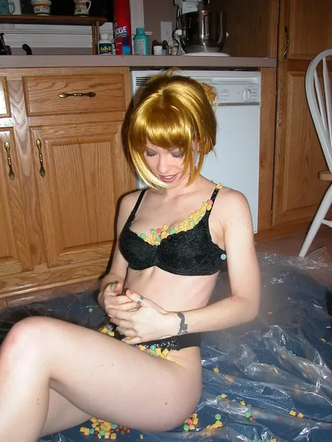 Slim Redhead MILF Strips Out of Her Lingerie Beside the Kitchen Counter – photo 2 of 21