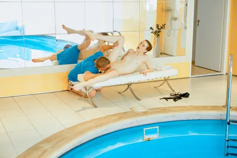 Sunny Honey: Tall Brunette in a Bikini Gets a Foot Massage Then Rides Poolside – photo 13 of 21