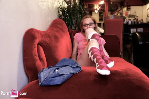 Maggie Mayhem: Busty Blonde in Glasses and Socks Shows Her Hairy Bush – photo 15 of 20