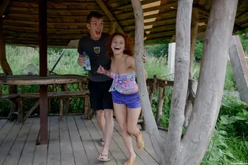 Slim European Redhead Sucks and Fucks Outdoors for a Mouthful of Cum