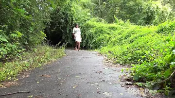 BBW Brunette Spreads Her Legs and Pisses on a Paved Path Outdoors