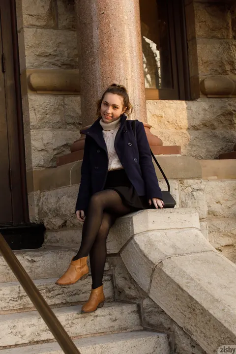 Mallory Christopher: Brunette in Pantyhose and Boots Flashes Outdoors – photo 1 of 11