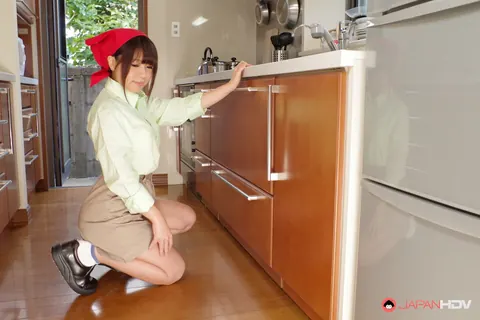 Mei Wakana: Japanese Woman Strips Out of Her Panties on the Kitchen Table – photo 1 of 15