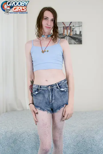 Brunette Trans Woman in Fishnets and Heels Pumps Her Cock