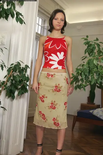 Marilyn Rose – Skinny Brunette with Short Hair Strips Out of Her Skirt and Panties