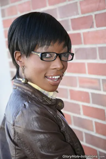 Ebony Brunette in Glasses Sucks Gloryhole Cock in the Bathroom