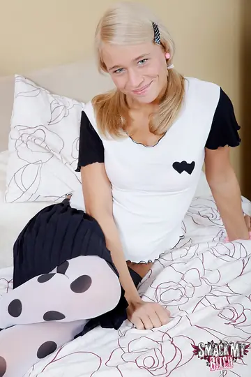 Blonde in Pantyhose with Pigtails Takes Anal Doggy Style