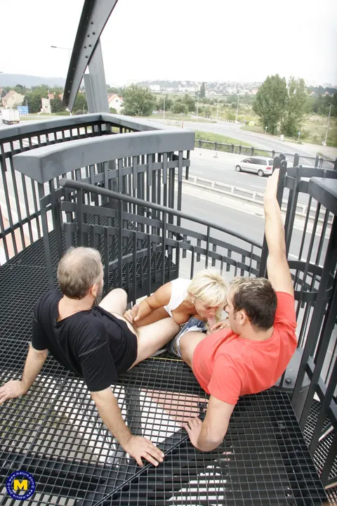 Busty Mature Blonde Sucks Two Strangers Outdoors – photo 18 of 21