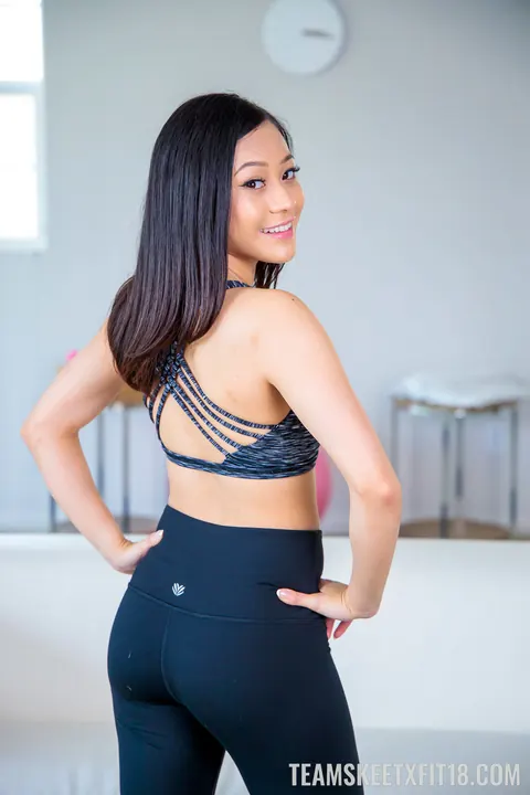 Jasmine Grey: Petite Asian Brunette Pulls Down Her Yoga Pants to Spread Her Pussy – photo 2 of 20