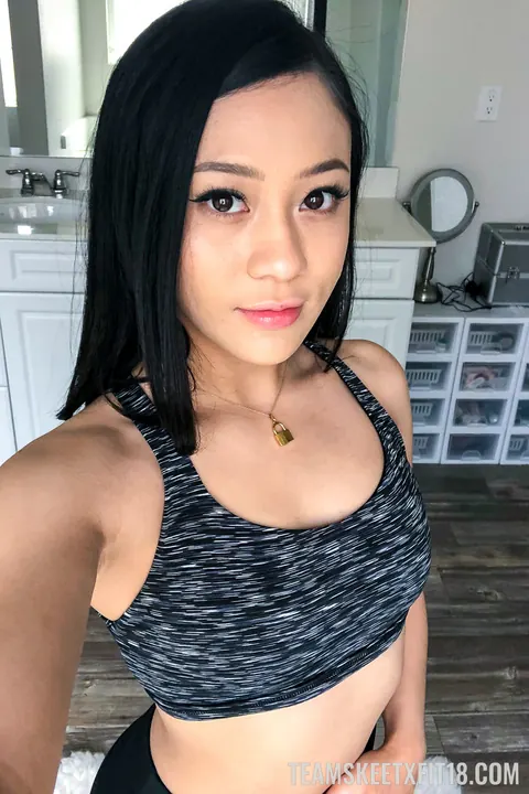 Jasmine Grey: Petite Asian Brunette Pulls Down Her Yoga Pants to Spread Her Pussy – photo 8 of 20