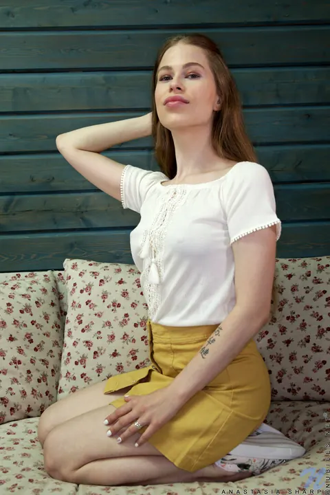 Anastasia Sharp: Skinny Brunette Pulls Her Panties Aside and Spreads Her Puffy Pussy – photo 4 of 21