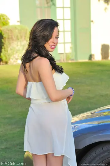 Petite Brunette Flashes Her Pussy by the Pool in a Dress