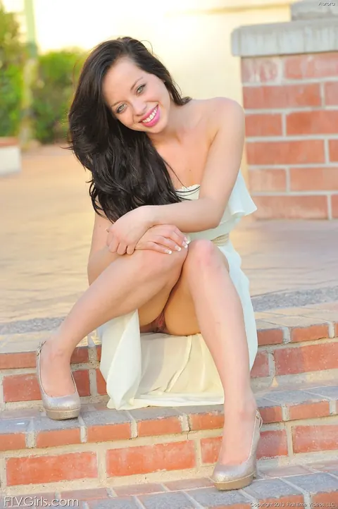 Aurora Monroe: Petite Brunette Flashes Her Pussy by the Pool in a Dress – photo 5 of 21
