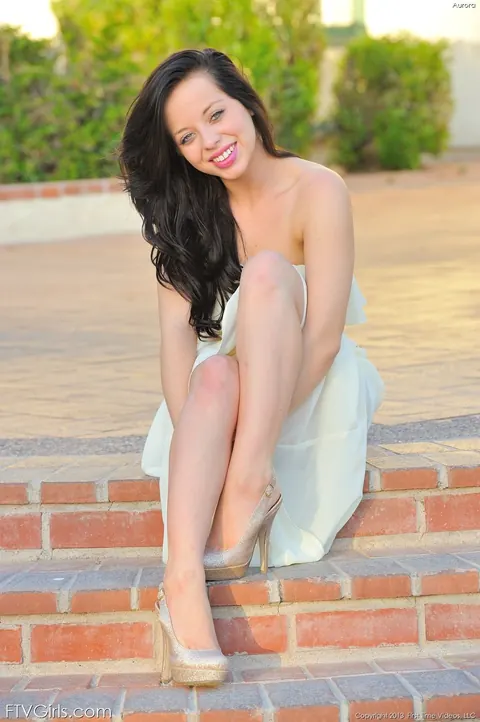Aurora Monroe: Petite Brunette Flashes Her Pussy by the Pool in a Dress – photo 3 of 21