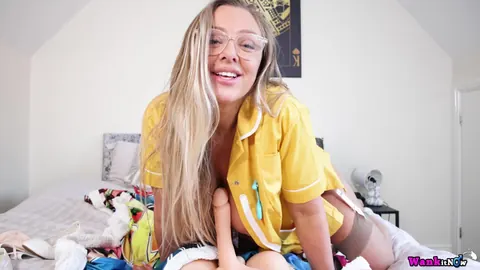Beth Bennett: Busty Blonde in Glasses and Stockings Mounts a Dildo on the Bed – photo 20 of 20