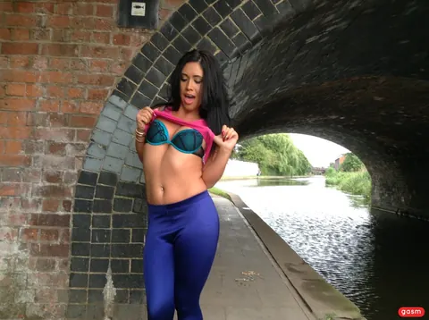Hannah Shaw: Petite Asian Babe in Pantyhose Flashes Her Big Tits Outdoors – photo 14 of 15