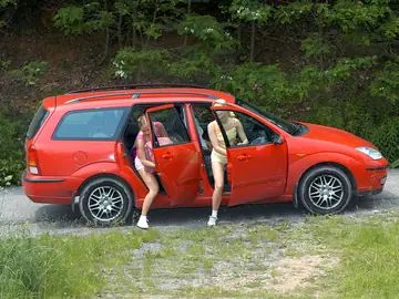 Blondes in Shorts Lick and Toy Each Other Outdoors