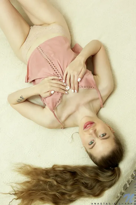 Anastasia Sharp: Busty Brunette in Pigtails and Socks Spreads Her Pussy Wide – photo 3 of 16