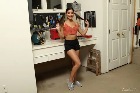 Emily Willis: Brunette Latina in Pigtails Pisses After Fingering Her Shaved Pussy – photo 1 of 16
