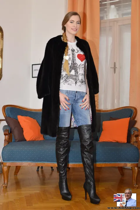 Milena Devi: Tall Russian Blonde Strips Out of Her Jeans and Boots on the Sofa – photo 2 of 16