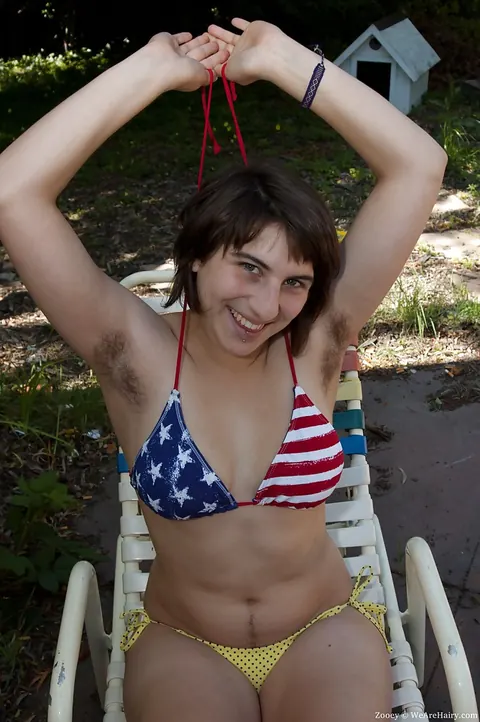 Zooey: Busty Short-Haired Brunette in Glasses Strips Off Her Bikini Outdoors – photo 4 of 16