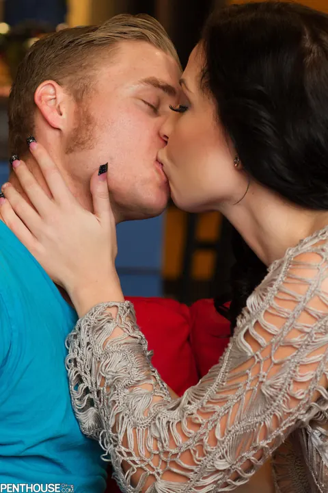 Aria Aspen: Tattooed Brunette Fucks Her Man on a Red Sofa – photo 2 of 17