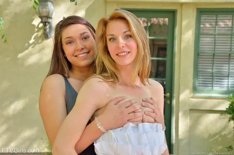Michele Monroe: Two Blondes in Heels Share a Dildo and Lick Pussy Outdoors – photo 7 of 15